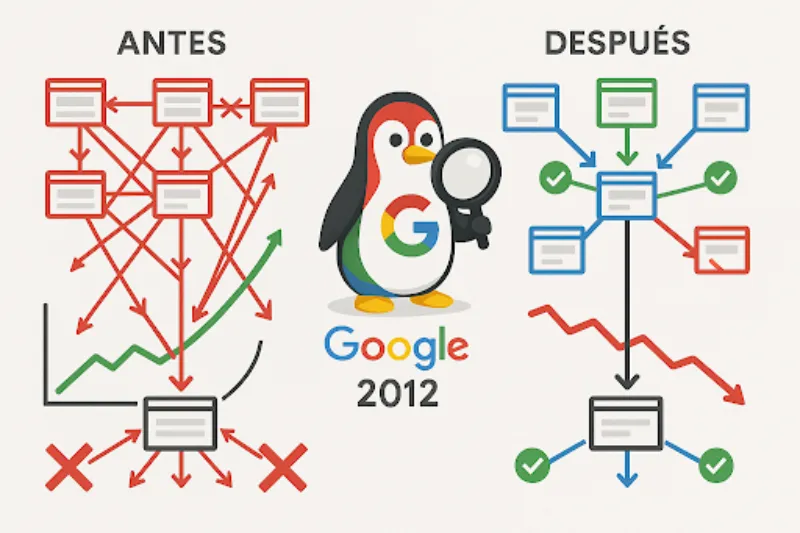Comparativa del impacto de Google Penguin 2012: penalización de redes de enlaces artificiales y caída de tráfico web.