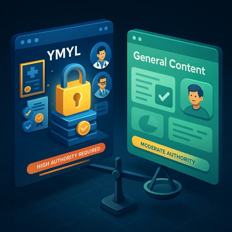 Ilustración comparativa de la relación entre YMYL y E-E-A-T, mostrando la alta autoridad requerida para temas sensibles frente a la autoridad moderada del contenido general.