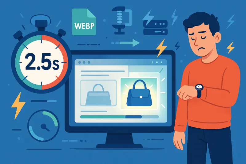 Un hombre frustrado mira su reloj mientras un sitio web de comercio electrónico tarda 2,5 segundos en cargarse en un monitor. A su alrededor hay iconos de un cronómetro de gran tamaño, una imagen WebP, un servidor de base de datos y un medidor de velocidad.