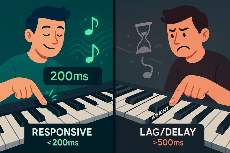 Comparativa de INP: un usuario feliz con respuesta rápida (<200ms) frente a un usuario frustrado por el retraso (>500ms) al tocar un teclado.