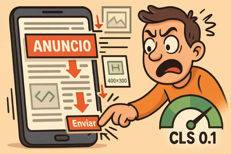 Un usuario furioso intenta pulsar el botón "Enviar" en su móvil justo cuando un anuncio grande aparece de golpe y empuja el contenido hacia abajo. Esto representa visualmente el Cumulative Layout Shift (CLS), junto a un medidor que marca CLS 0.1.