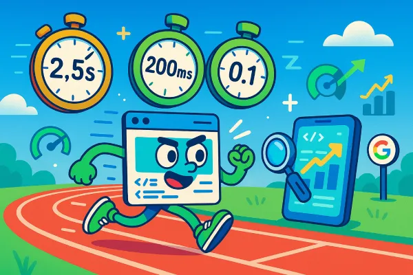 Personaje de navegador corriendo en una pista con tres cronómetros que marcan métricas de velocidad Core Web Vitals (2.5s, 200ms, 0.1) y un móvil con gráfico.