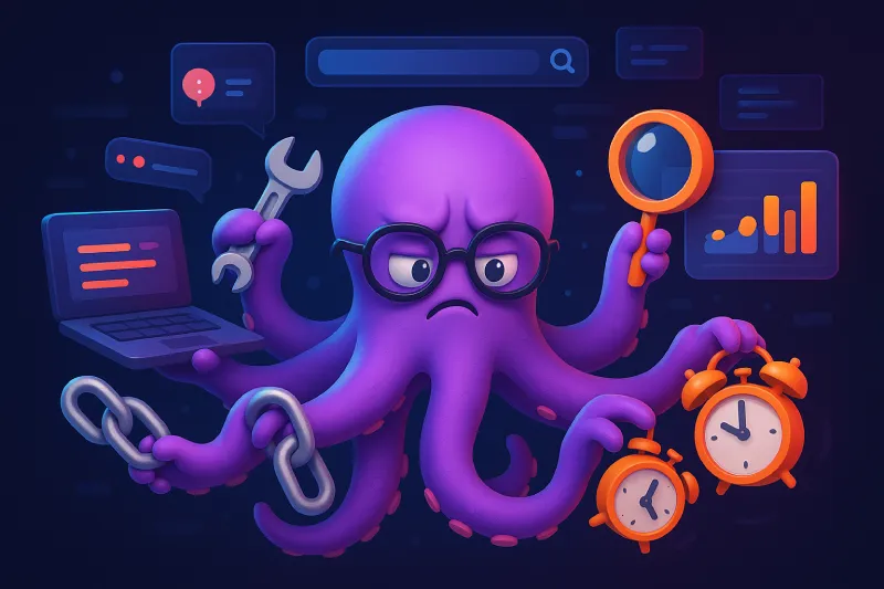 Ilustración conceptual de un pulpo morado representando a un SEO Manager multifuncional con herramientas clave: llave inglesa, lupa, portátil, relojes y cadenas sobre un fondo digital oscuro.