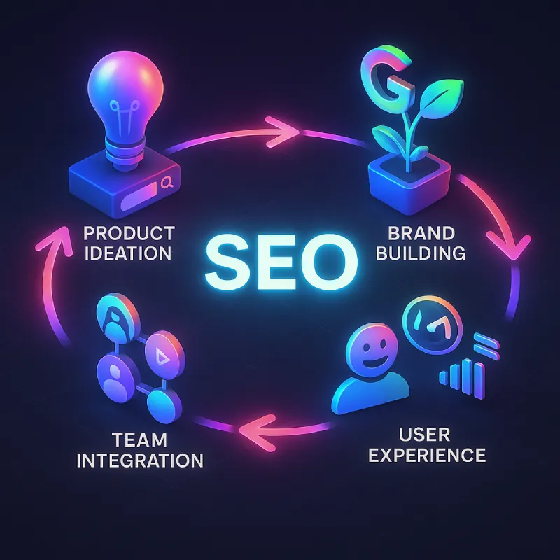 Infografía del ciclo SEO en la empresa: ideación de producto, construcción de marca, experiencia de usuario e integración de equipos.