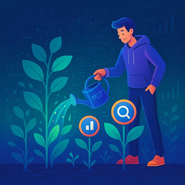 Hombre cultivando crecimiento digital con iconos de búsqueda y analítica.