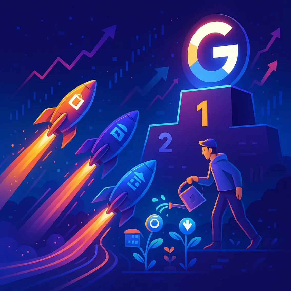 Ilustración vectorial neón: Un hombre cultiva SEO orgánico (plantas) hacia el podio con el logo de Google (#1), contrastando con cohetes de crecimiento de pago.