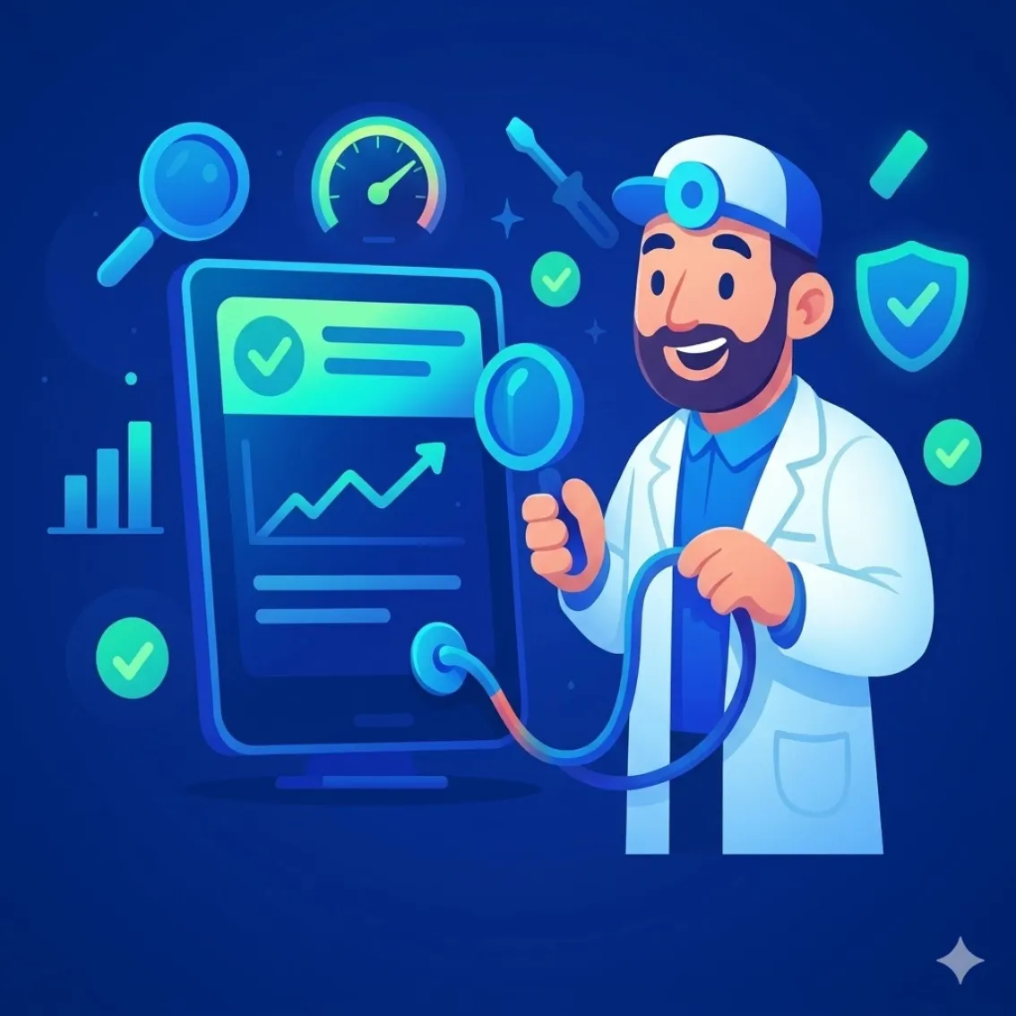 Un experto analizando la salud de una web con un estetoscopio y lupa, representando una auditoría de Core Web Vitals.