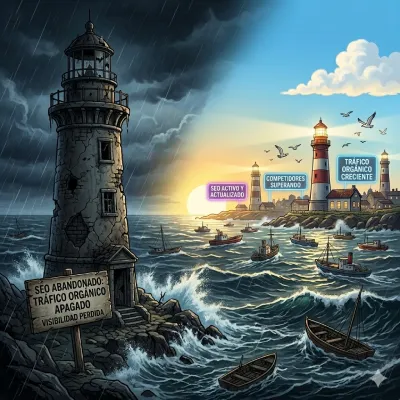 Contraste entre un faro en ruinas por no hacer SEO y faros brillantes bajo el sol por SEO activo y tráfico creciente.