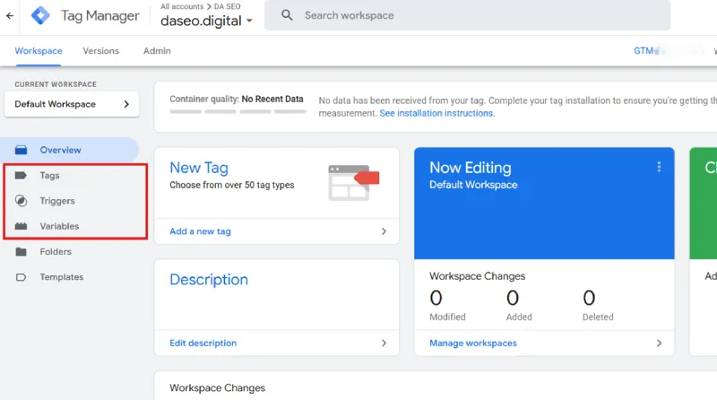 Visualización del panel inicial de Google Tag Manager