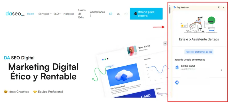 Ejemplo de visualización de tag assistant en un sitio web