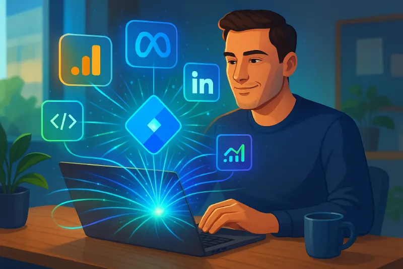 Gemini said Ilustración conceptual de un profesional sonriente gestionando etiquetas a través de Google Tag Manager desde su computadora portátil. 