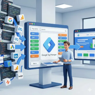 Imagen mostrando a un profesional de marketing operando un panel de control unificado y simplificado de Google Tag Manager.
