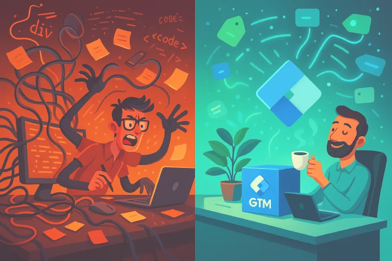 Una ilustración que contrasta el caos de la codificación manual con la simplicidad ordenada de Google Tag Manager.