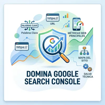 Infografía sobre cómo dominar Google Search Console para optimizar keywords, URLs y métricas web principales de un sitio.