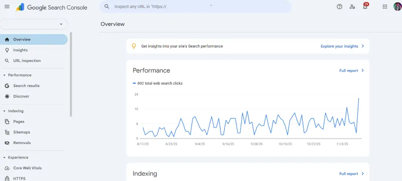 Visualizacin de la sección overview en el panel de GSC