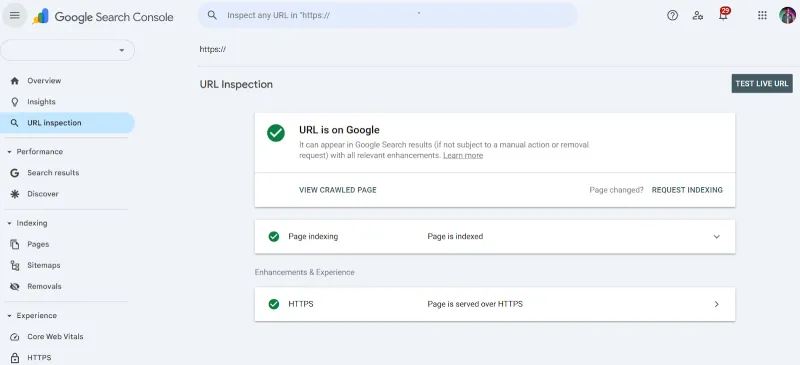 Sección URL inspection en Google Search Console