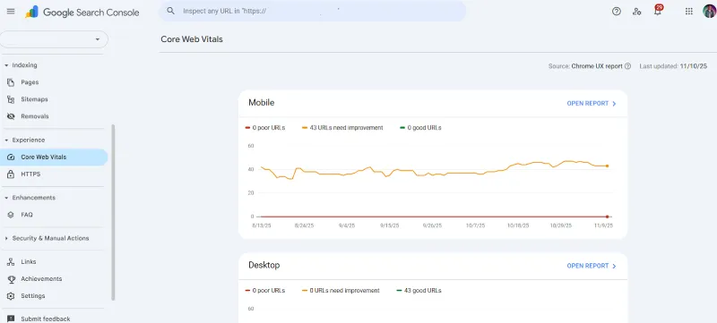 Sección Core Web Vitals dentro de Google Search Console