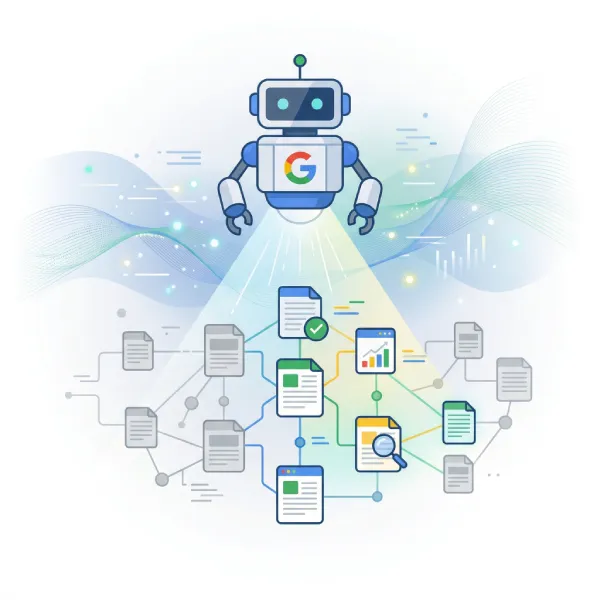 Ilustración de un robot de Google rastreando e inspeccionando una red de páginas web y gráficos de rendimiento para su indexación.