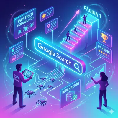 Ilustración isométrica estilo neón del sistema de Google Search: rastreadores web (spiders) navegan, indexan datos y posicionan resultados hacia la "PÁGINA 1" de forma automatizada.