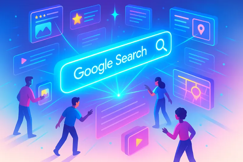 Visualización isométrica en neón de un grupo de personas yendo hacia un banner brillante que dice  Google Search