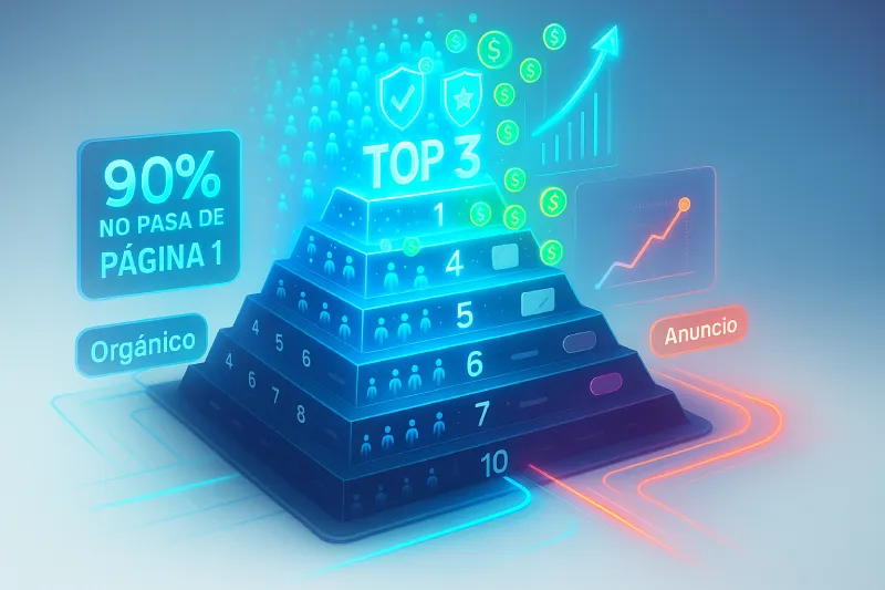 Gráfico piramidal estilo neón que ilustra el ranking de búsqueda orgánico versus anuncios, destacando que el "TOP 3" recibe más visibilidad y que el "90% NO PASA DE PÁGINA 1"