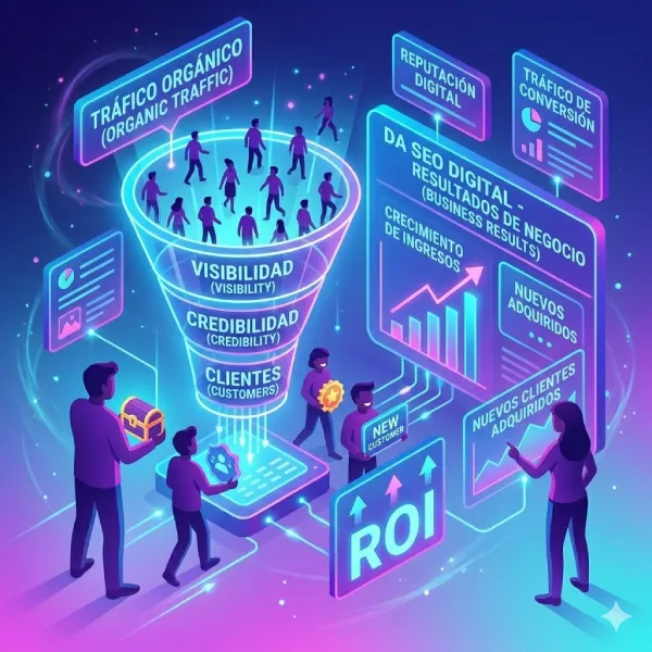 Isometría estilo neón que visualiza el embudo de Google Search: transformando el "TRÁFICO ORGÁNICO" en "VISIBILIDAD", "CLIENTES" y "CRECIMIENTO EMPRESARIAL" con "ROI"