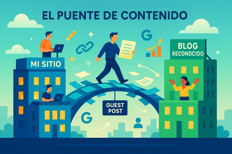 Ilustración sobre Guest Post que muestra a un hombre cruzando un puente entre "Mi Sitio" y un "Blog Reconocido".