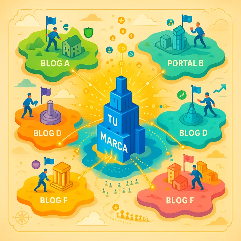 Ilustración sobre estrategia de linkbuilding: una red de blogs externos enviando enlaces y autoridad a un sitio central.