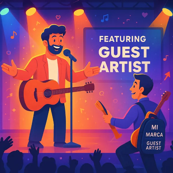 Ilustración de un cantante en un escenario presentando a un "Guest Artist" (artista invitado) con su guitarra.