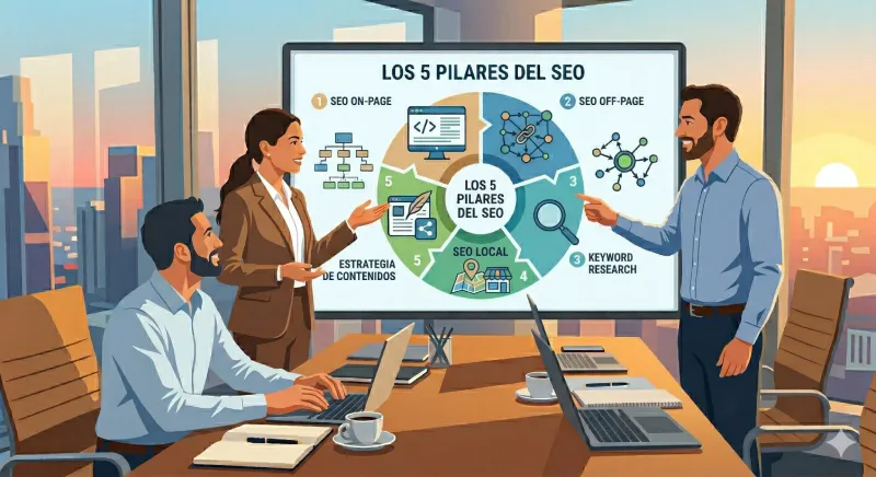 Un equipo analiza una pantalla con 'Los 5 Pilares del SEO'