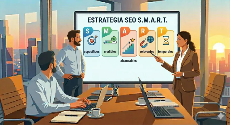 Infografía de objetivos S.M.A.R.T. aplicada al contratar SEO, mostrada por un equipo profesional