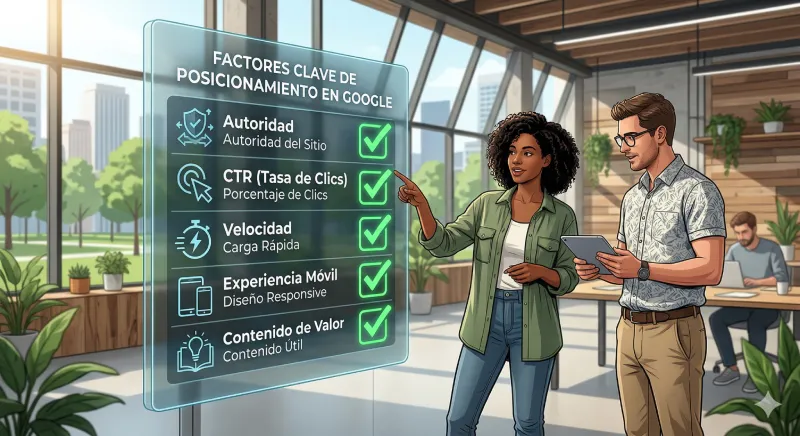 Consultores analizando una lista de verificación de SEO en Google para mejorar la visibilidad