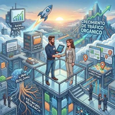 Ilustración de consultoría integral de SEO que incluye Rank Tracking, Link Building, Keyword Research y SEO Local