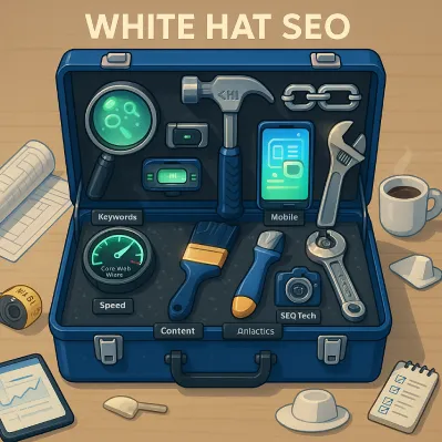 Infografía de caja de herramientas "White Hat SEO" con iconos de optimización web: palabras clave, velocidad, contenido y analítica.