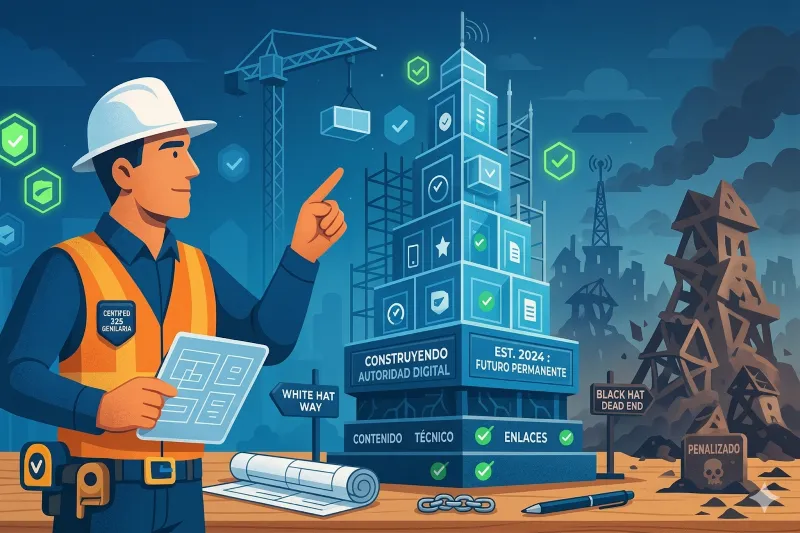Ingeniero de SEO construyendo un edificio de "Autoridad Digital" basado en white hat, frente a ruinas de Black Hat.