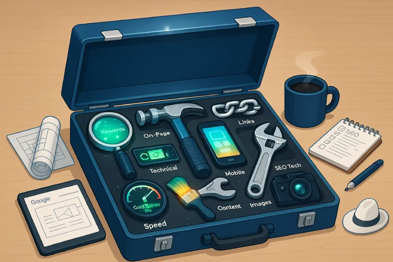 Maletín de herramientas SEO con iconos de palabras clave, velocidad, enlaces y contenido para optimización web.