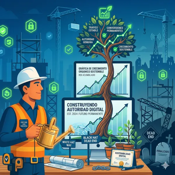 Ingeniero White Hat SEO regando un árbol de crecimiento orgánico que nace de un monitor, simbolizando autoridad digital estable.