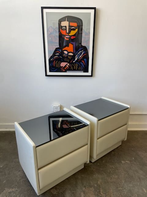 Pair of Custom Vinyl & Smoked Glass Nightstands