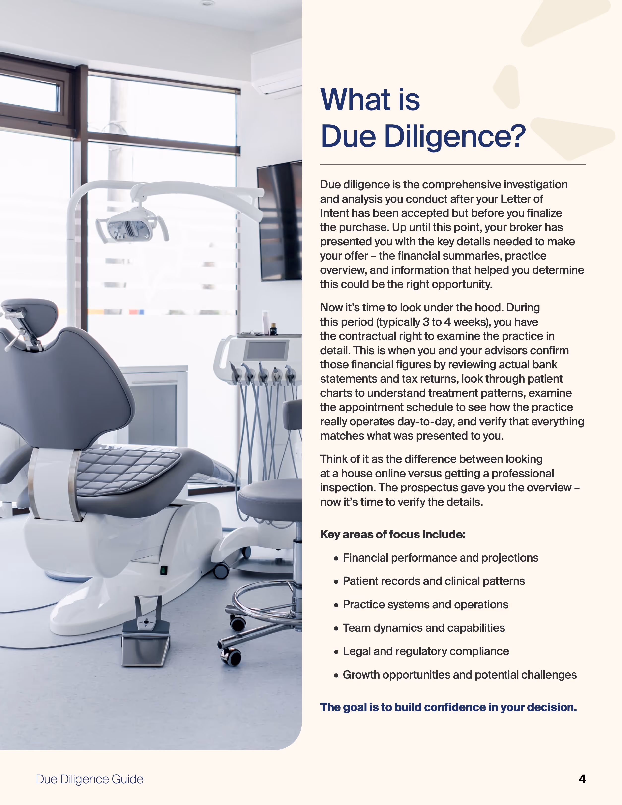 Dental chair and equipment in modern clinic illustrating due diligence concept