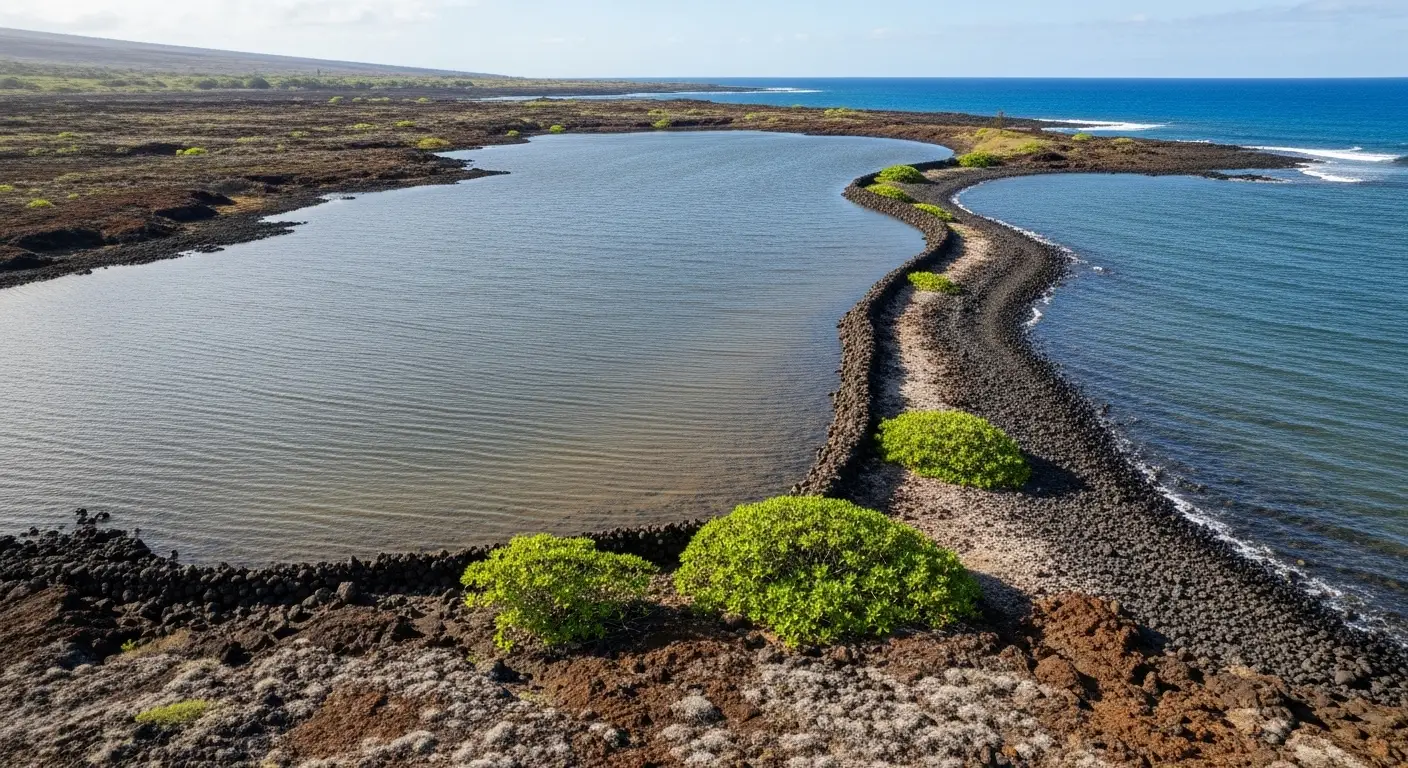 Curved rocky shoreline and inland shallow lagoon with scattered green bushes under a cloudy sky.
