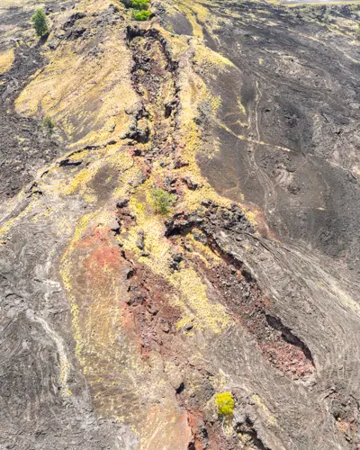 Aerial view of a volcanic lava channel with dark cooled lava and yellow-green moss or vegetation along its edges.