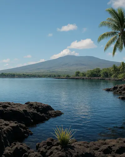 Calm ocean waters bordered by black volcanic rocks with a palm tree and distant mountain under a blue sky with scattered clouds.