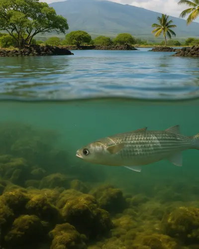 Split view of a fish swimming underwater above rocky seabed with trees and a mountain landscape in the background.