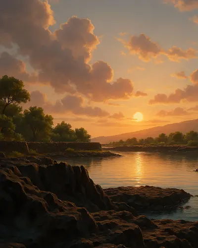 Sunset over paʻaiea with rocky banks and trees under a partly cloudy sky.