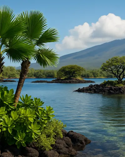 Tropical shoreline with a small palm tree, lush green plants, calm water, and distant trees with mountains and blue sky in the background.