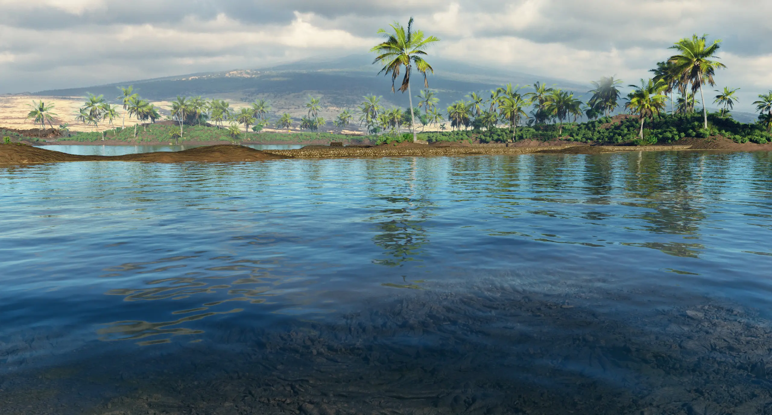 3D render composite showing Pāʻaiea fishpond with Hualālai mountain in the background, created by Alan Ohara
