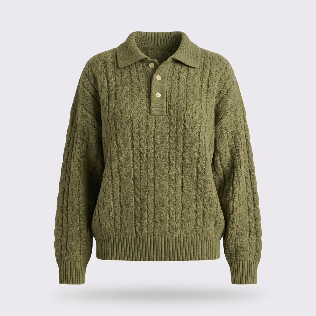 Olive green cable-knit jumper ghost mannequin on a soft grey background