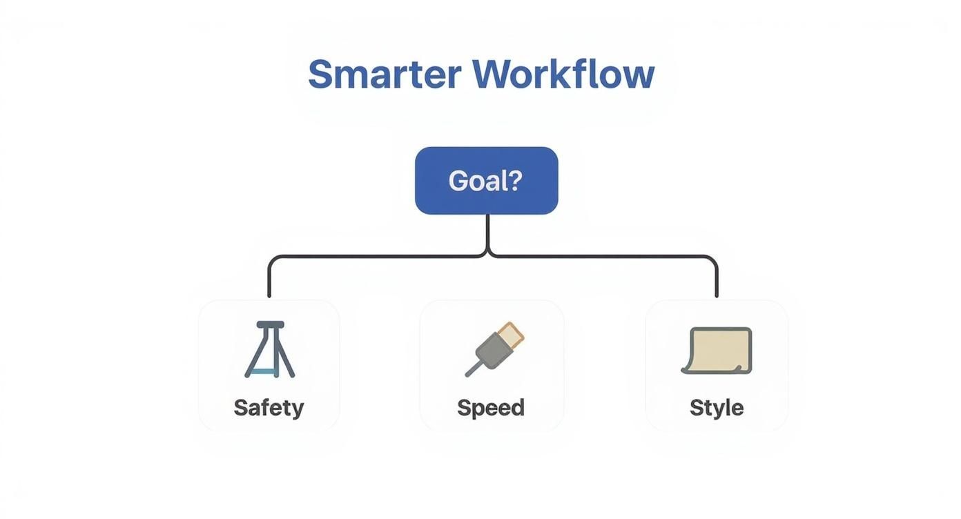 Infographic decision tree showing how to choose studio equipment based on goals like safety, speed, and style.
