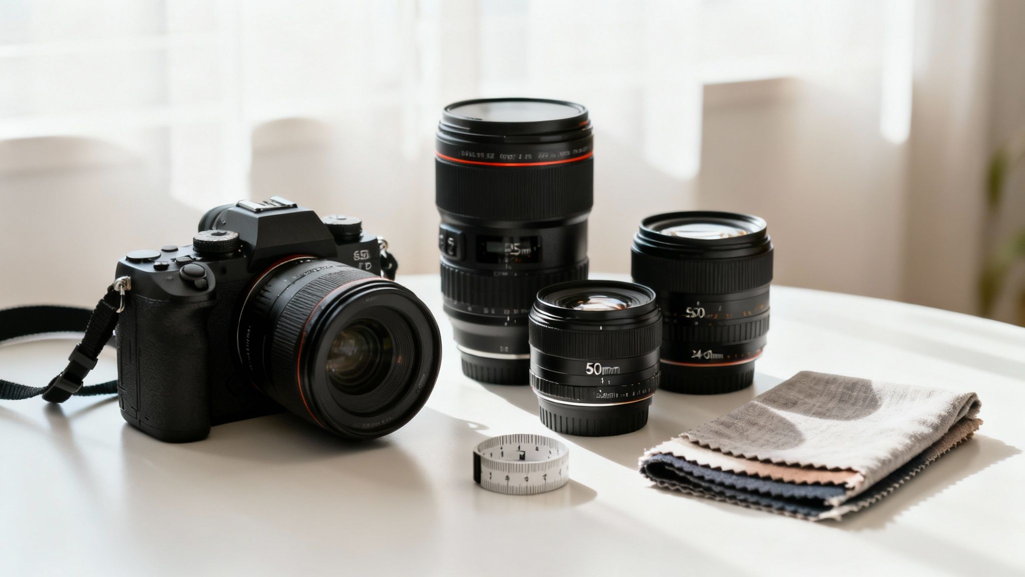 A close-up shot of a high-end mirrorless camera with a prime lens attached, set against a blurred studio background.