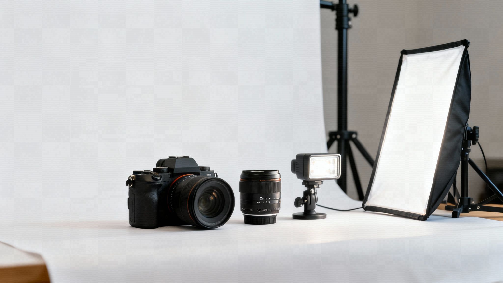 A professional photography studio setup with lights, a camera on a tripod, and a white backdrop, ready for a fashion shoot.